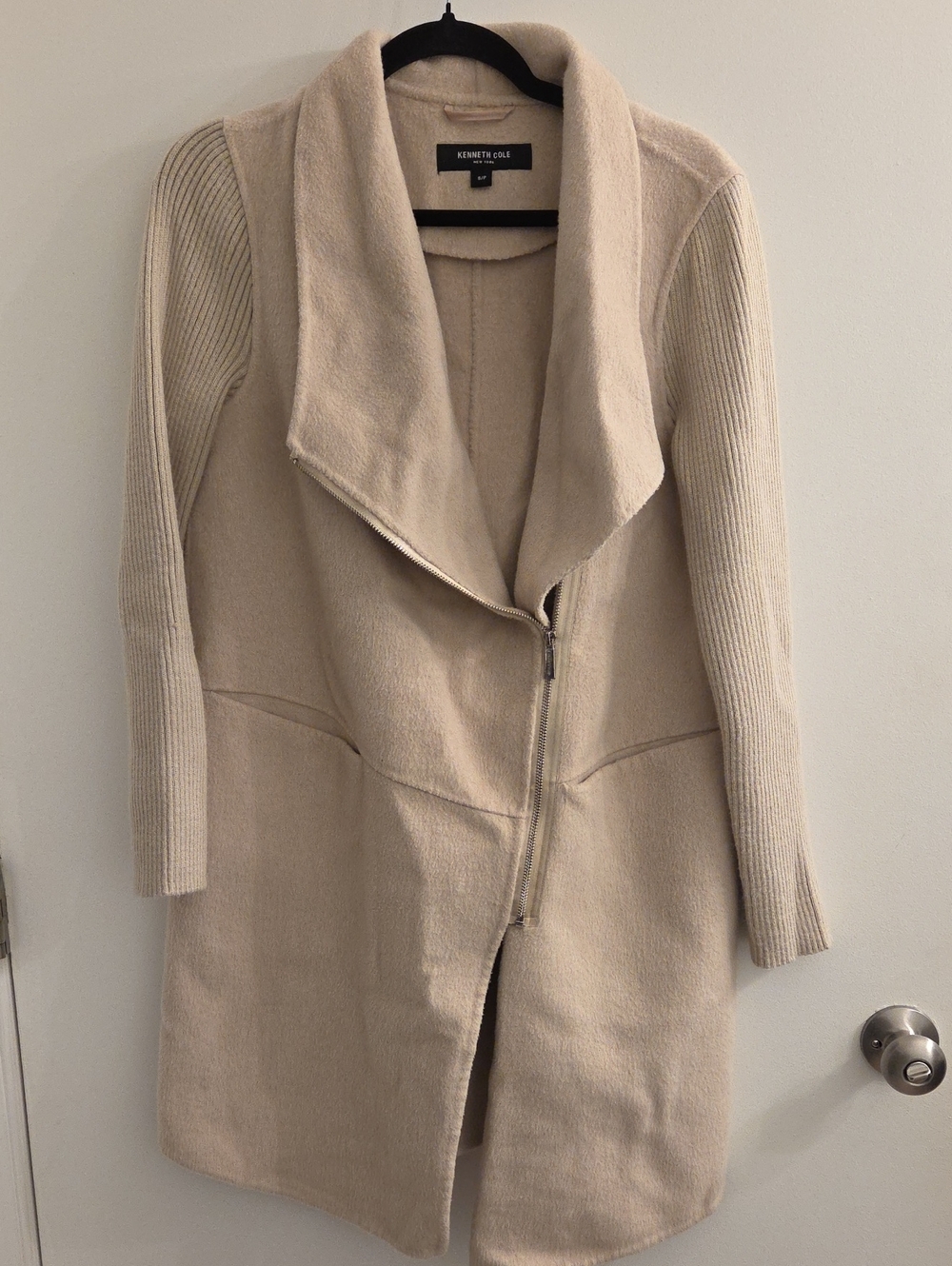 Kenneth Cole Rib Sleeve Mixed Media Coat In Oatmeal, Size S